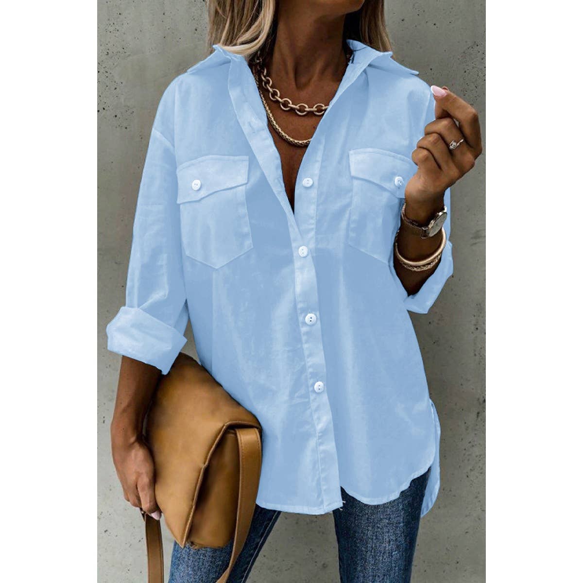 Solid Button Up Pockets Long Sleeves Blouse - MVTFASHION.COM