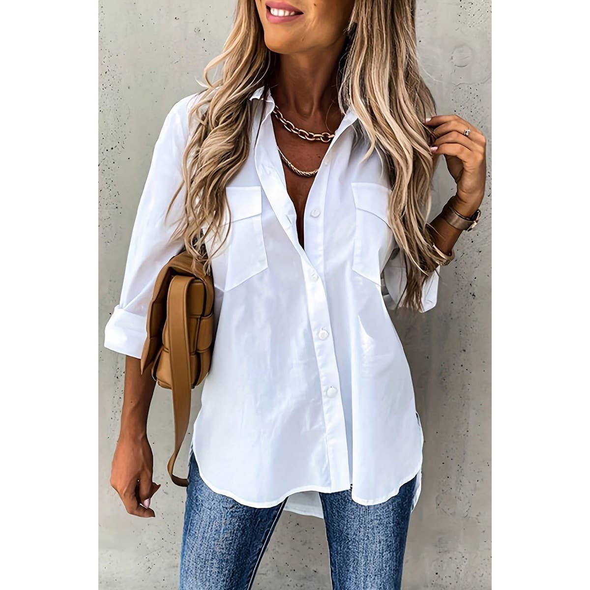 Solid Button Up Pockets Long Sleeves Blouse - MVTFASHION.COM