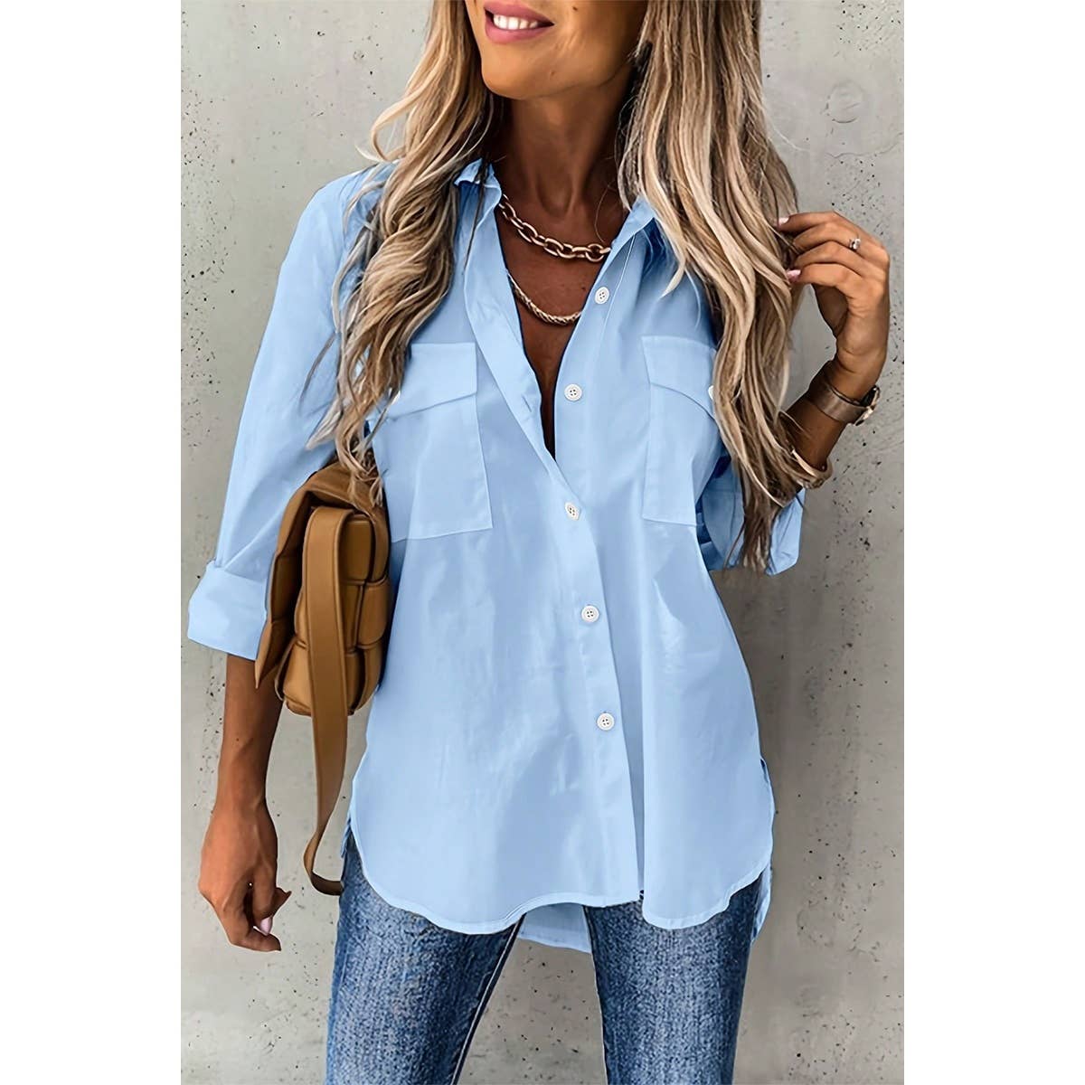 Solid Button Up Pockets Long Sleeves Blouse - MVTFASHION.COM