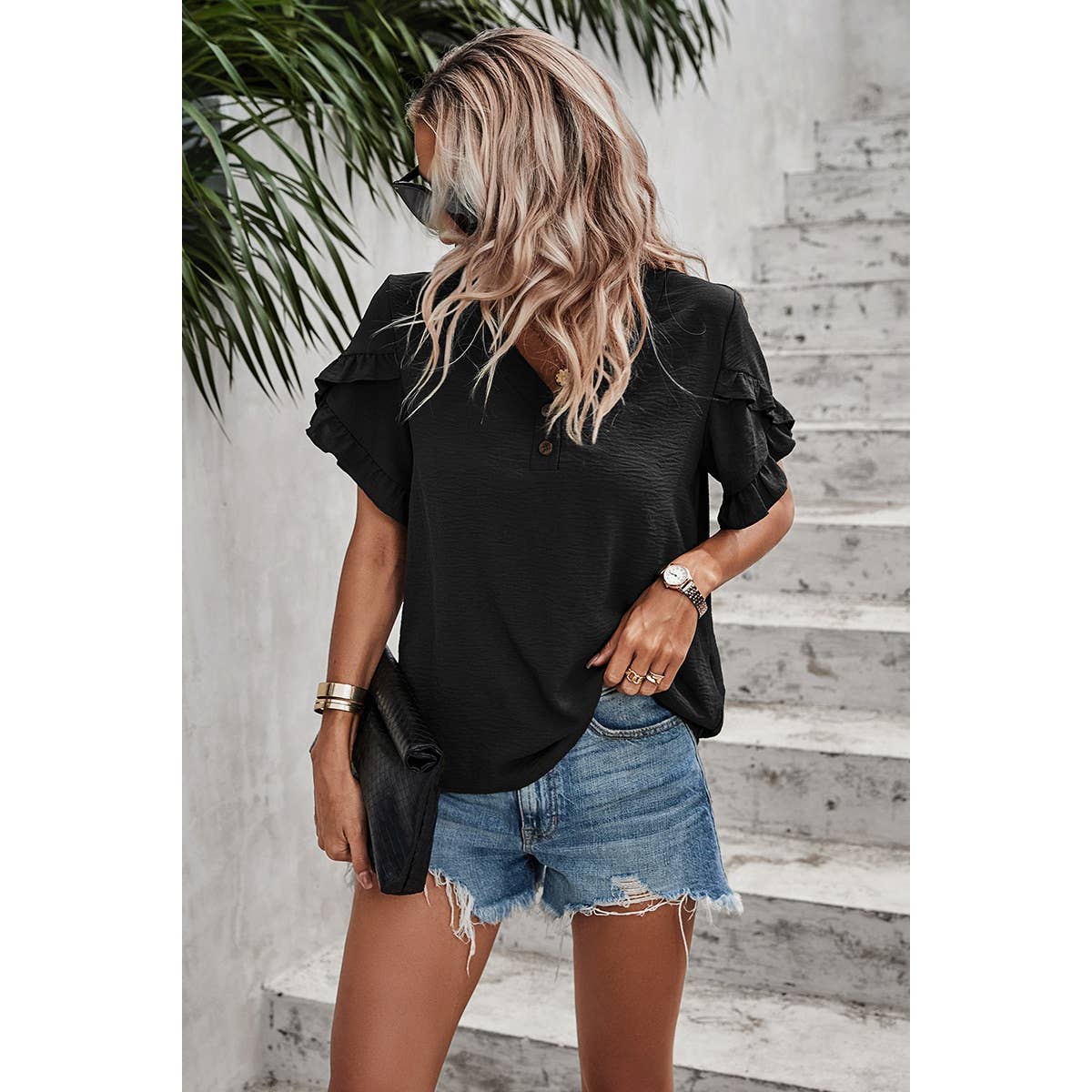 Solid Button V Neck Ruffle Sleeves Loose Fit Blouse - MVTFASHION.COM