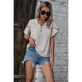 Solid Button V Neck Ruffle Sleeves Loose Fit Blouse - MVTFASHION.COM