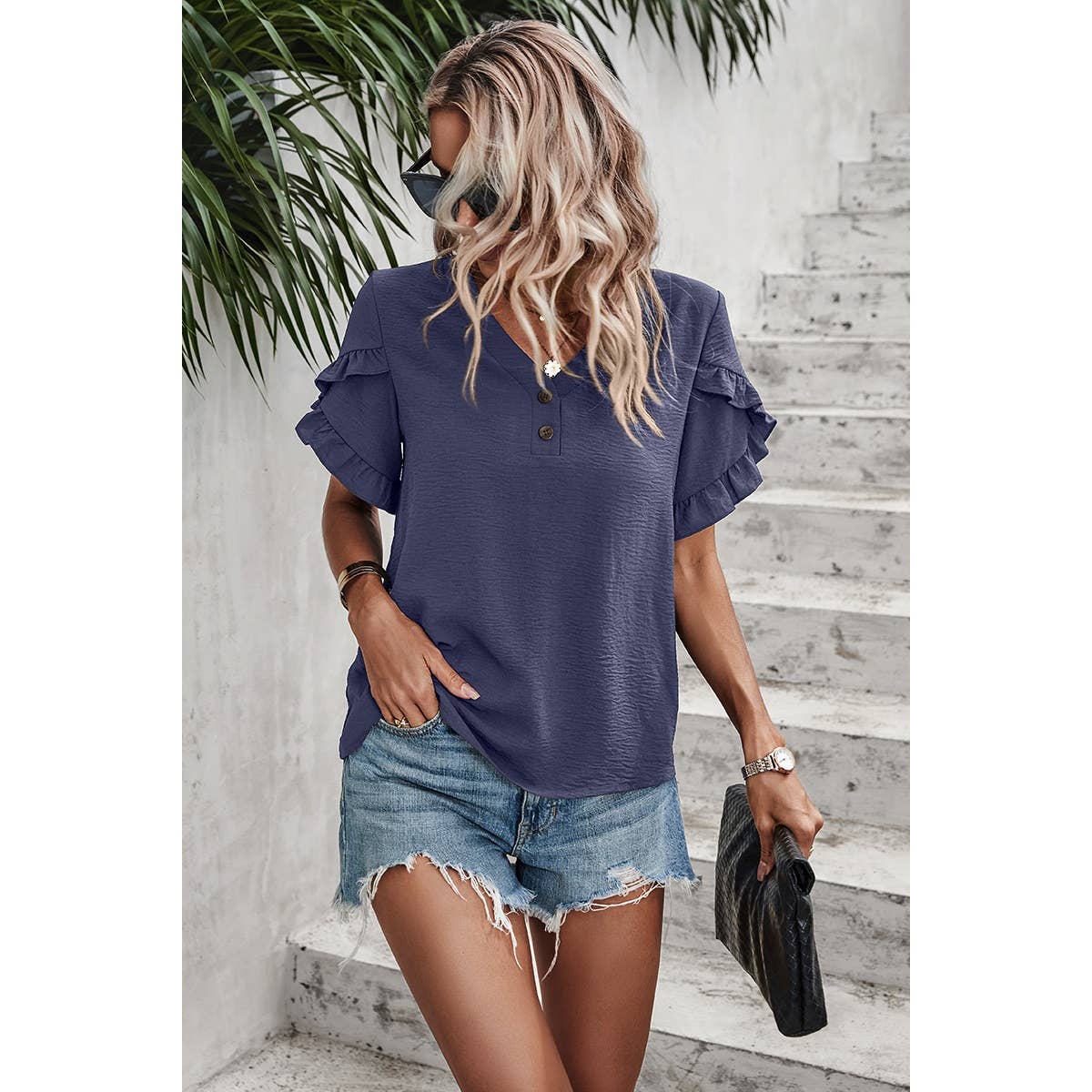 Solid Button V Neck Ruffle Sleeves Loose Fit Blouse - MVTFASHION.COM