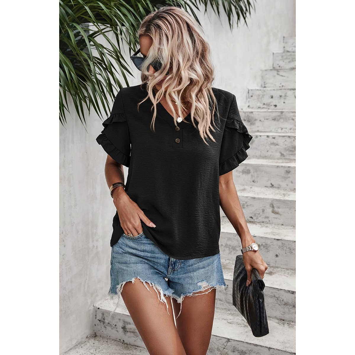 Solid Button V Neck Ruffle Sleeves Loose Fit Blouse - MVTFASHION.COM