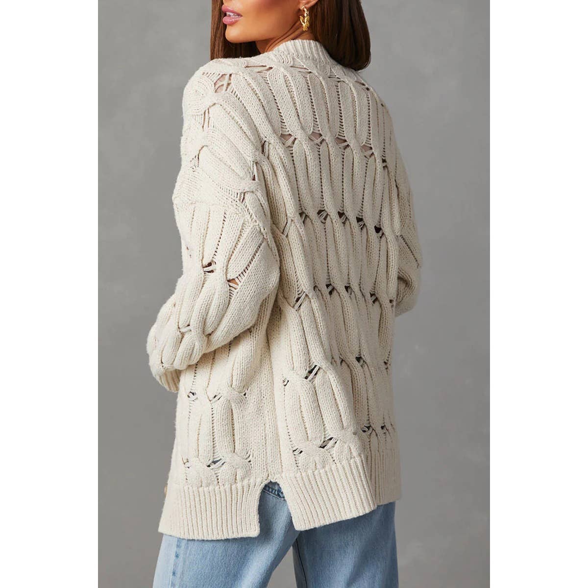 Solid cable knit button down hollow knit cardigan - MVTFASHION.COM