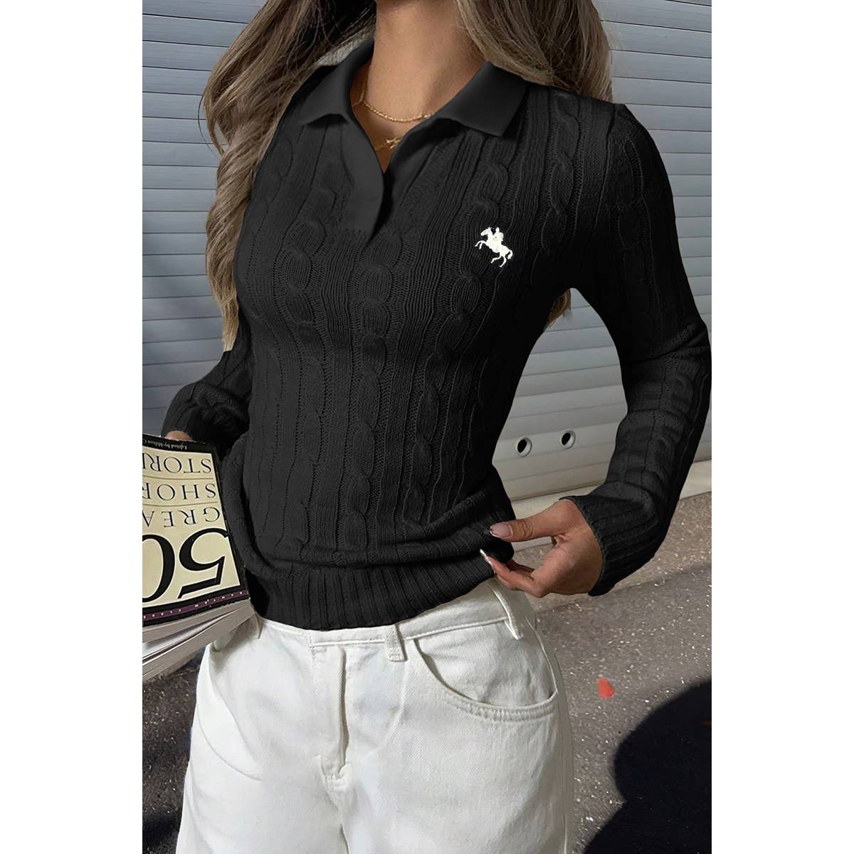 Solid Cable Knit Long Sleeve Fit Sweater - MVTFASHION.COM