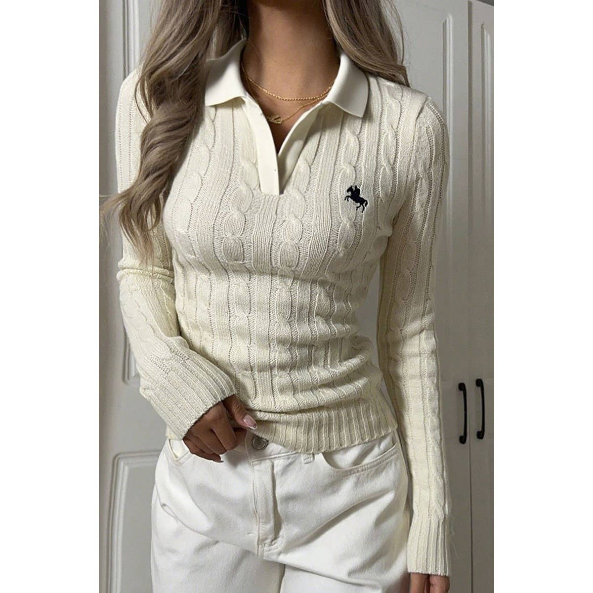 Solid Cable Knit Long Sleeve Fit Sweater - MVTFASHION.COM