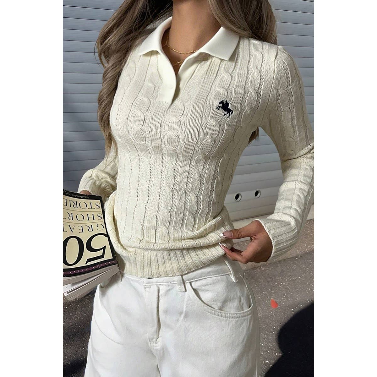 Solid Cable Knit Long Sleeve Fit Sweater - MVTFASHION.COM