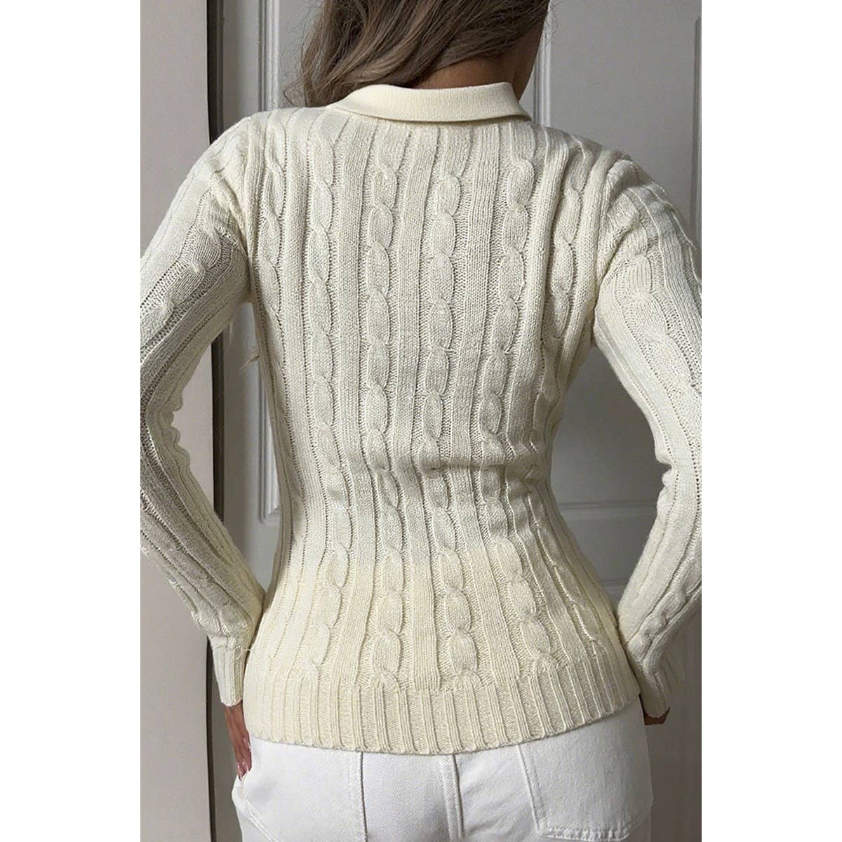 Solid Cable Knit Long Sleeve Fit Sweater - MVTFASHION.COM