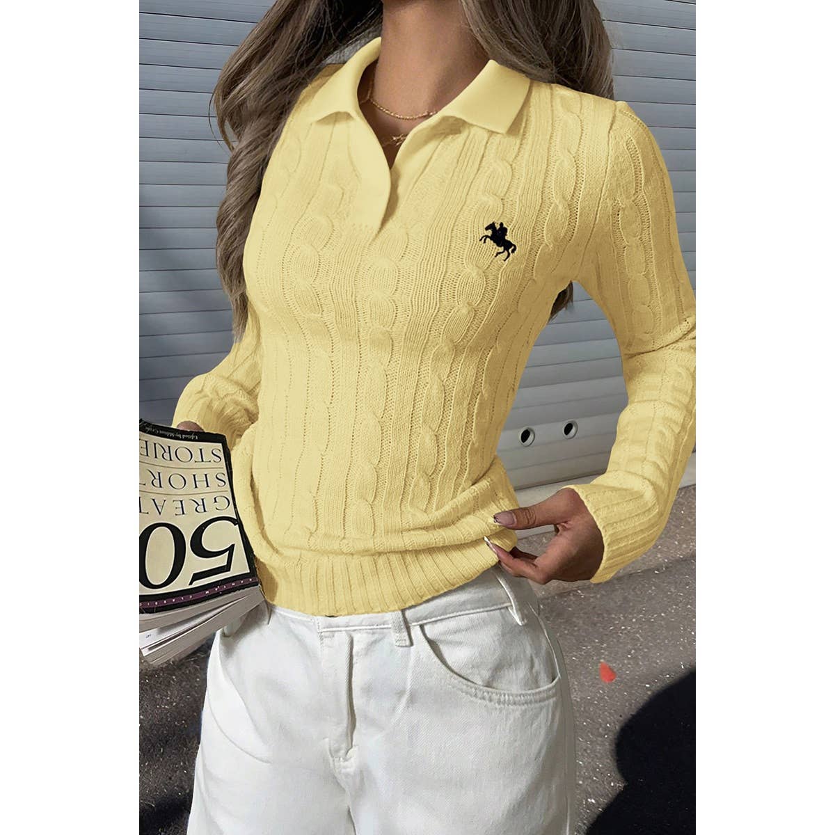 Solid Cable Knit Long Sleeve Fit Sweater - MVTFASHION.COM