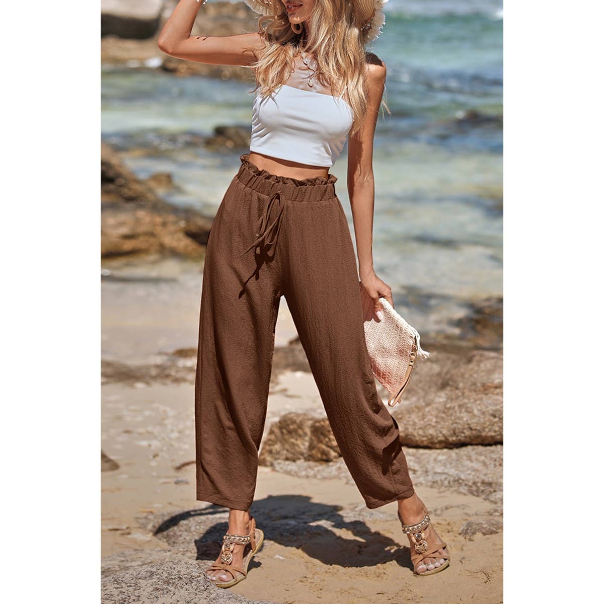 Solid Casual Belt Chiffon Elastic Waist Pants - MVTFASHION.COM