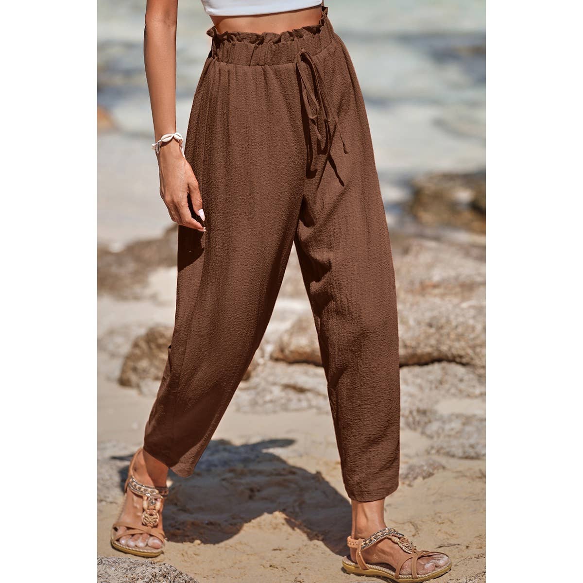 Solid Casual Belt Chiffon Elastic Waist Pants - MVTFASHION.COM