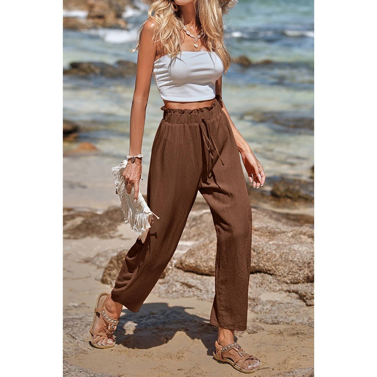 Solid Casual Belt Chiffon Elastic Waist Pants - MVTFASHION.COM