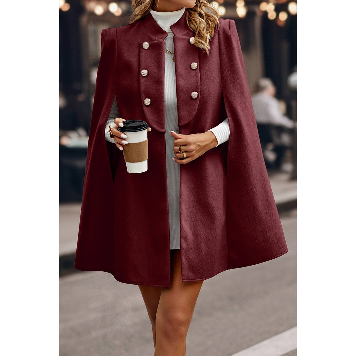 Solid Cloak Sleeve Double Breasted Cape Coat - MVTFASHION.COM
