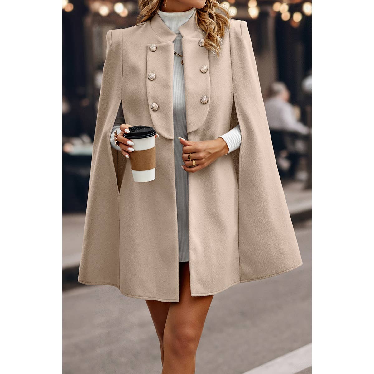 Solid Cloak Sleeve Double Breasted Cape Coat - MVTFASHION.COM