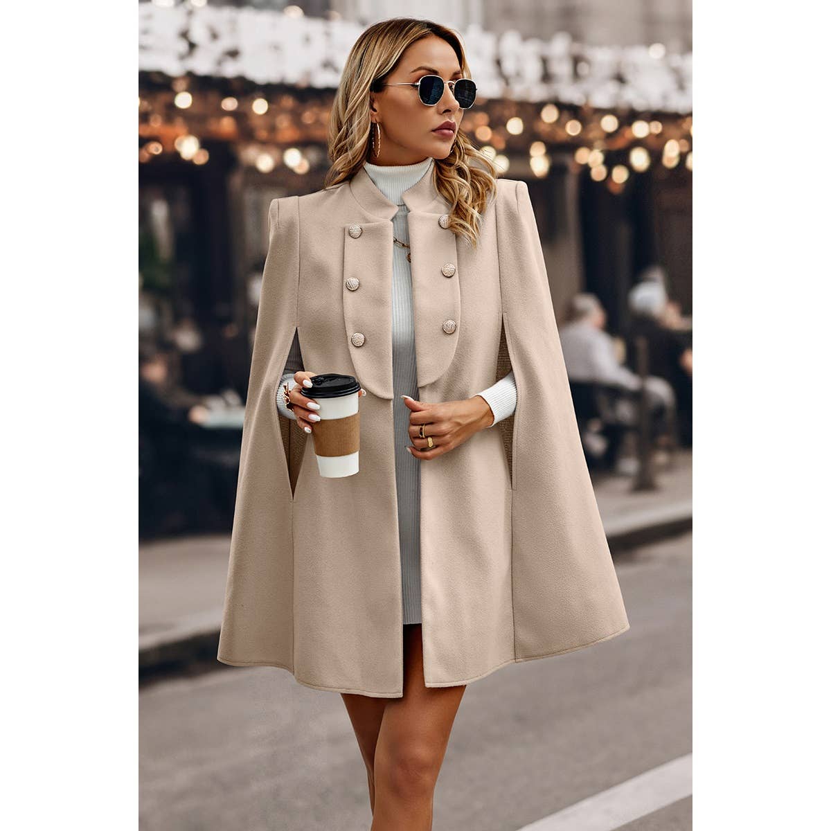 Solid Cloak Sleeve Double Breasted Cape Coat - MVTFASHION.COM