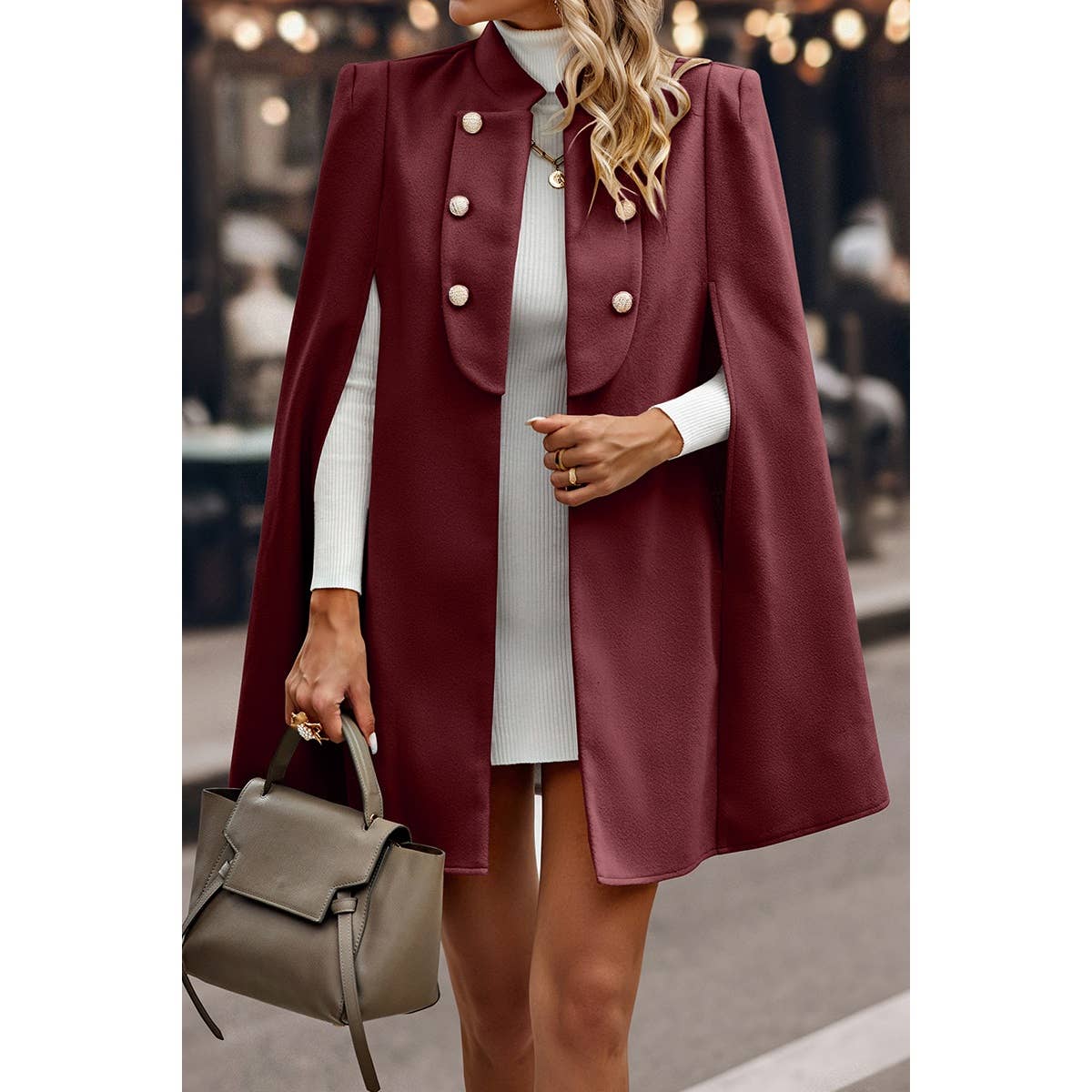 Solid Cloak Sleeve Double Breasted Cape Coat - MVTFASHION.COM