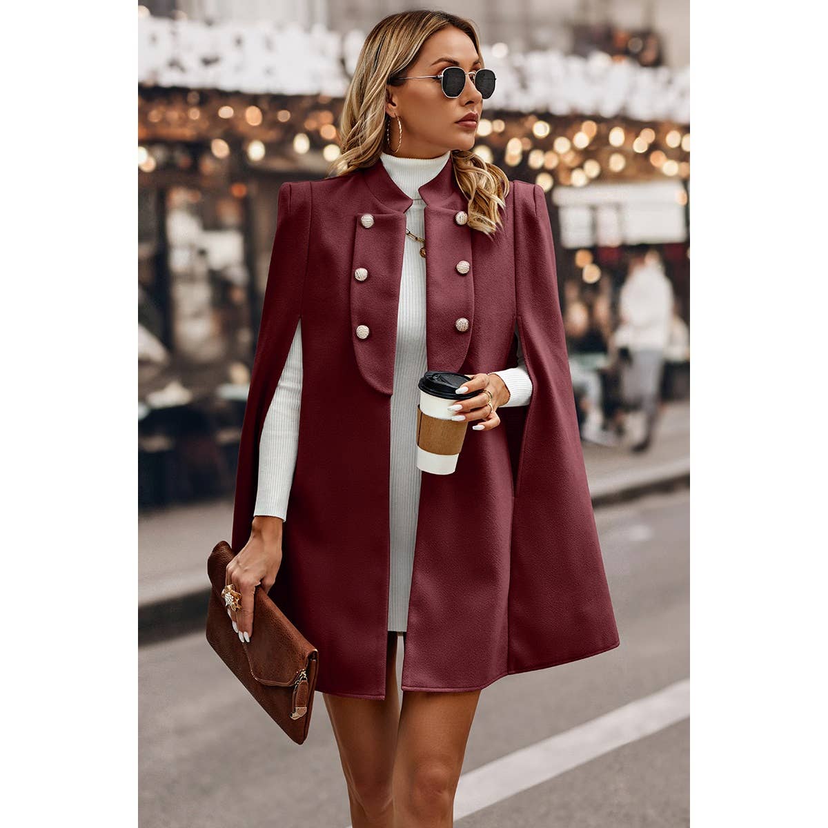Solid Cloak Sleeve Double Breasted Cape Coat - MVTFASHION.COM