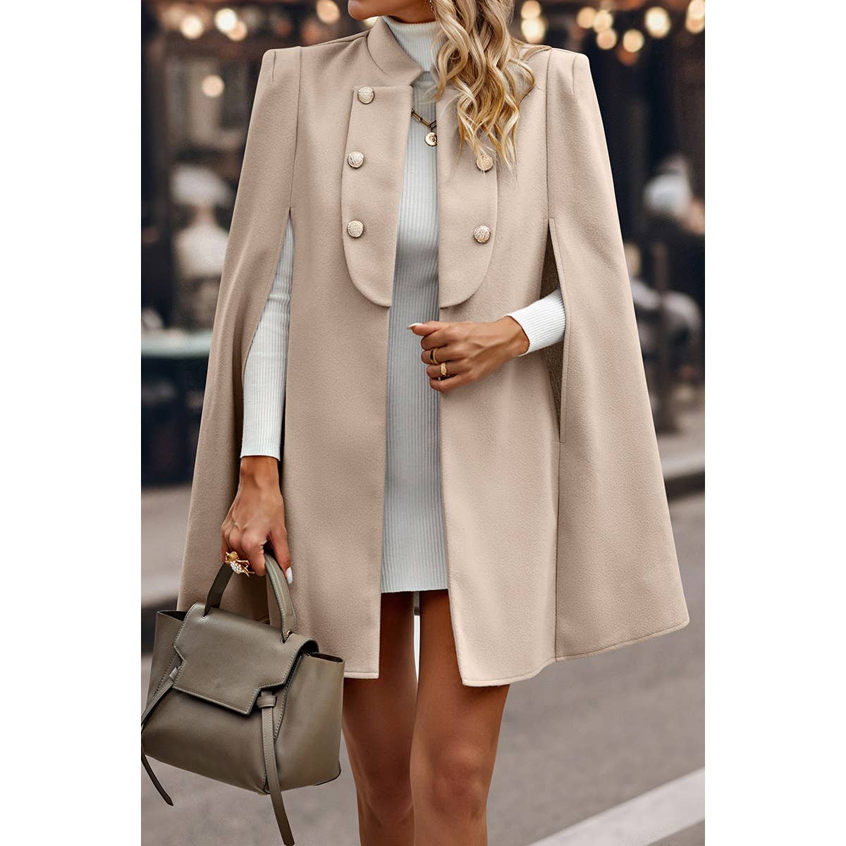 Solid Cloak Sleeve Double Breasted Cape Coat - MVTFASHION.COM