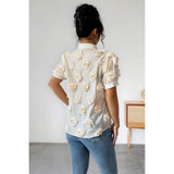 Solid Collared Rose Appliques Short Sleeve Shirt - MVTFASHION.COM