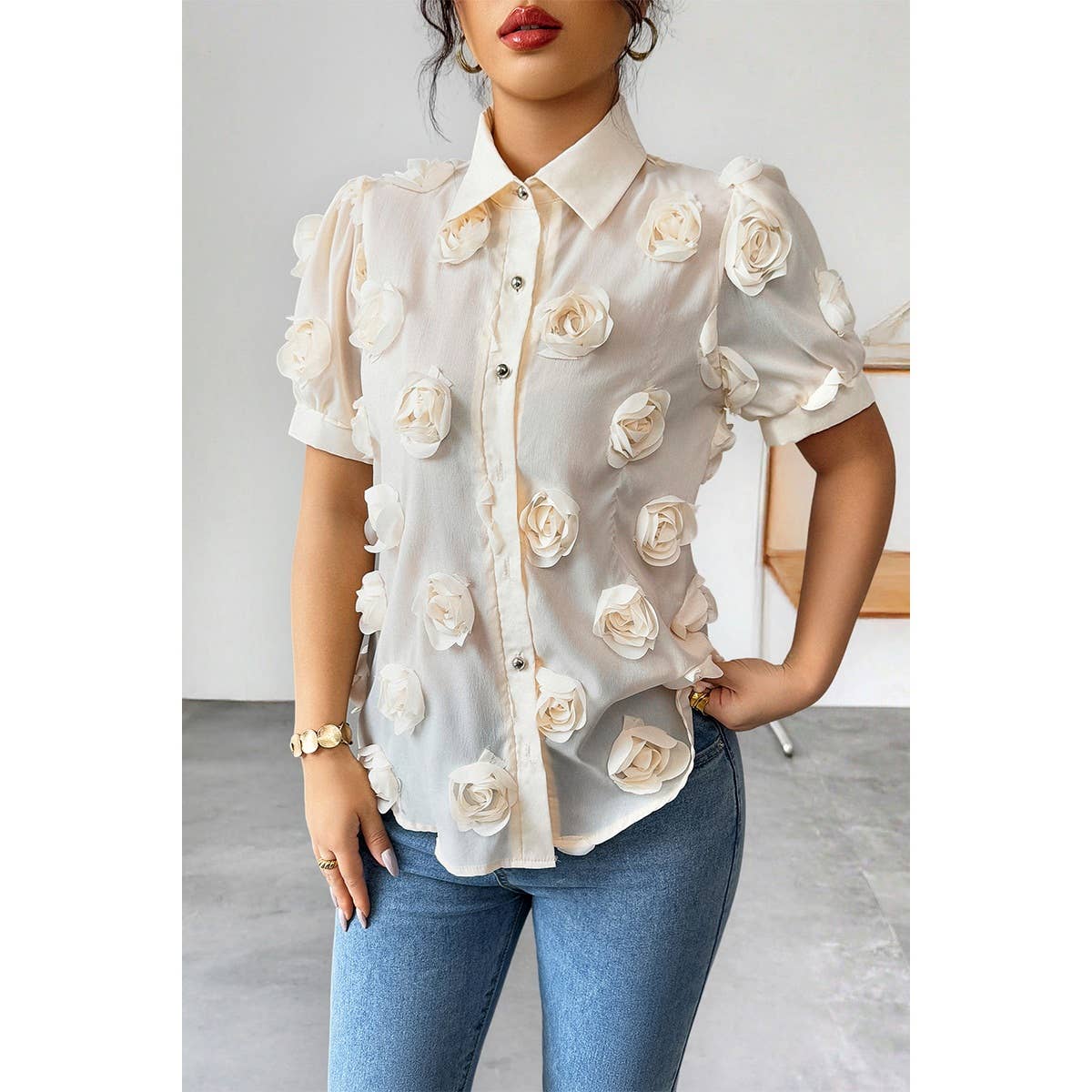 Solid Collared Rose Appliques Short Sleeve Shirt - MVTFASHION.COM