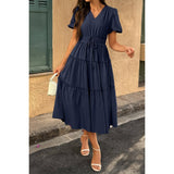 Solid Color Block Puff Sleeve Elastic Waist Dress - MVTFASHION.COM