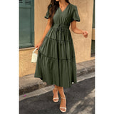 Solid Color Block Puff Sleeve Elastic Waist Dress - MVTFASHION.COM