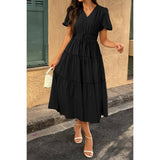 Solid Color Block Puff Sleeve Elastic Waist Dress - MVTFASHION.COM