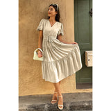 Solid Color Block Puff Sleeve Elastic Waist Dress - MVTFASHION.COM