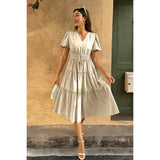 Solid Color Block Puff Sleeve Elastic Waist Dress - MVTFASHION.COM