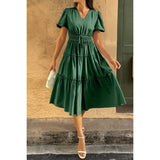 Solid Color Block Puff Sleeve Elastic Waist Dress - MVTFASHION.COM