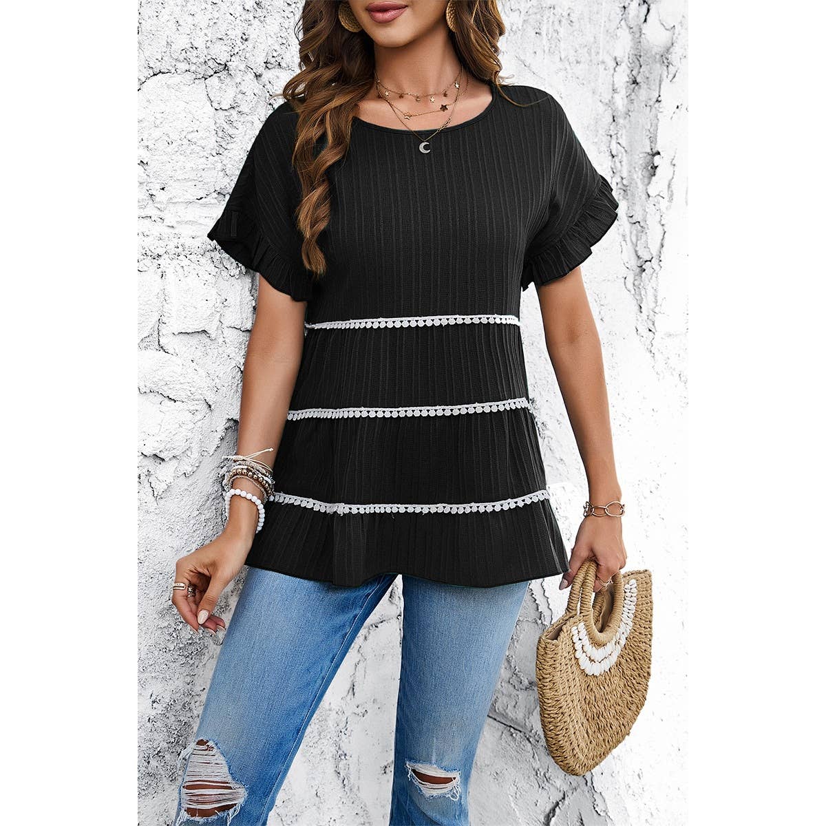 Solid Color Block Ruched Ruffle Loose Fit Top - MVTFASHION.COM