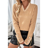 Solid Crew Neck Lace Trim Button Pullover Sweater - MVTFASHION.COM