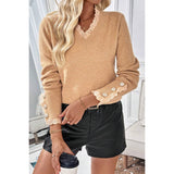 Solid Crew Neck Lace Trim Button Pullover Sweater - MVTFASHION.COM