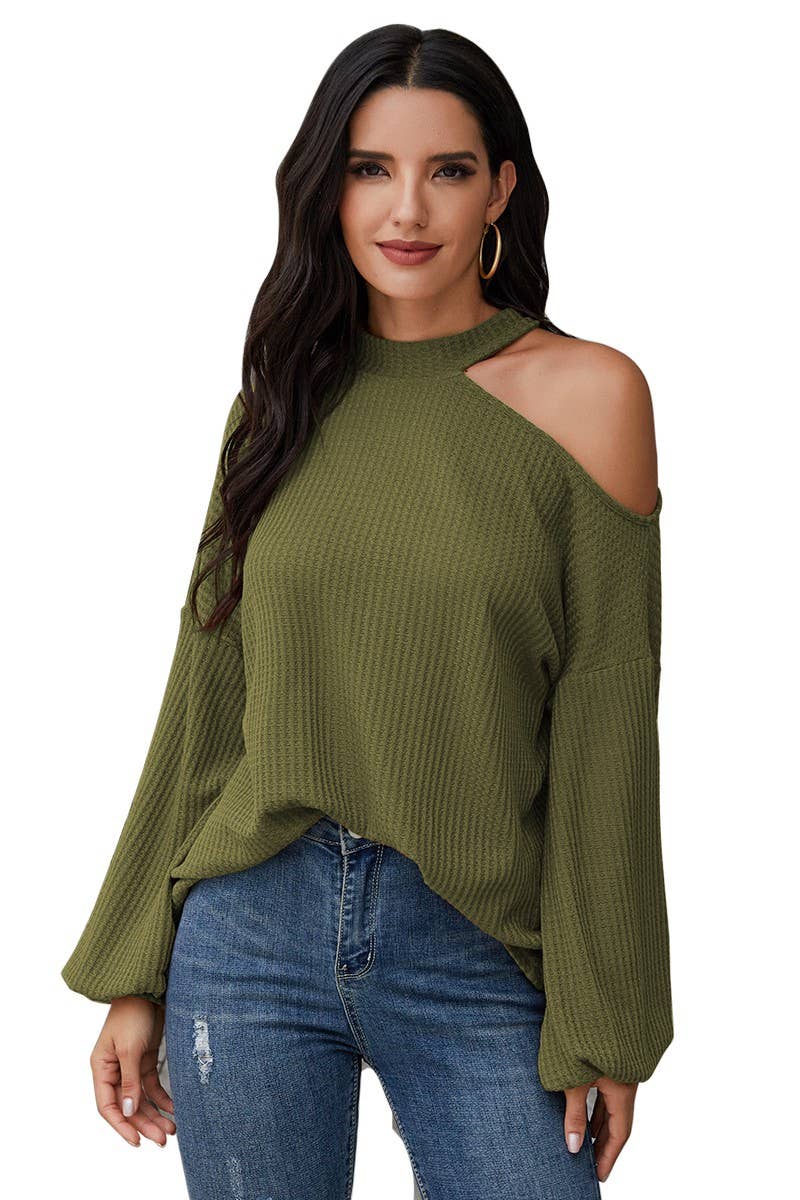 Solid Crew Neck Open Shoulder Top - Clearance - MVTFASHION.COM