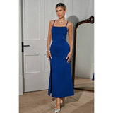 Solid Cross Back Spaghetti Strap Fit Slit Dress - MVTFASHION.COM