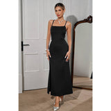 Solid Cross Back Spaghetti Strap Fit Slit Dress - MVTFASHION.COM