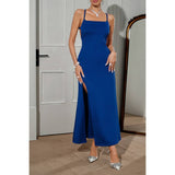 Solid Cross Back Spaghetti Strap Fit Slit Dress - MVTFASHION.COM