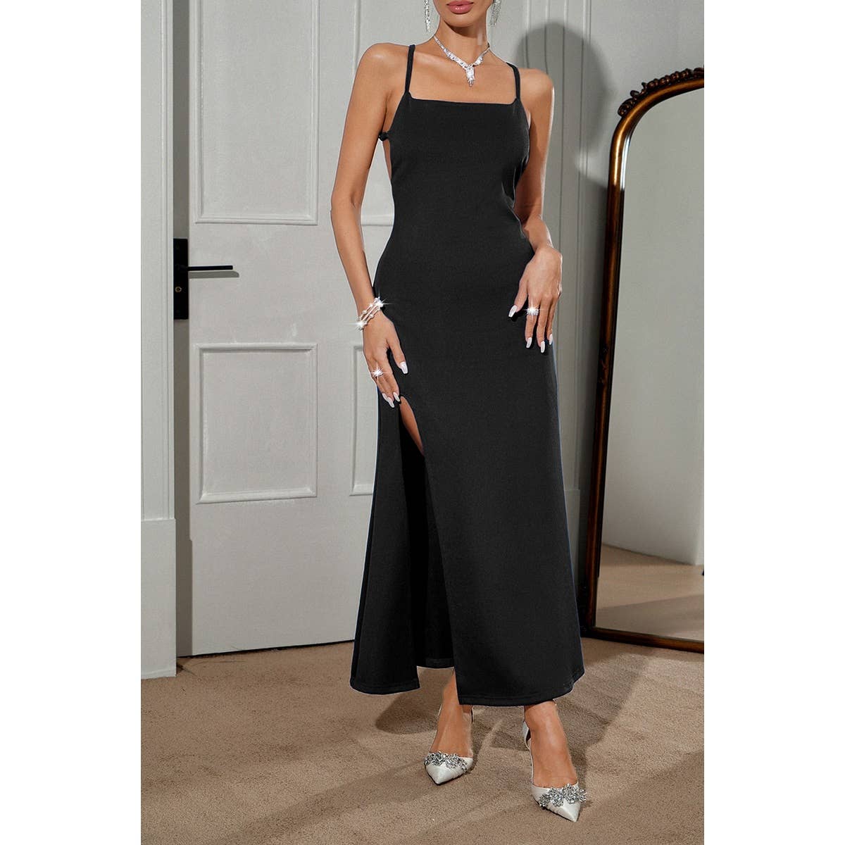 Solid Cross Back Spaghetti Strap Fit Slit Dress - MVTFASHION.COM