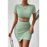 Solid Cross High Waist Round Neck Dress - MVTFASHION.COM