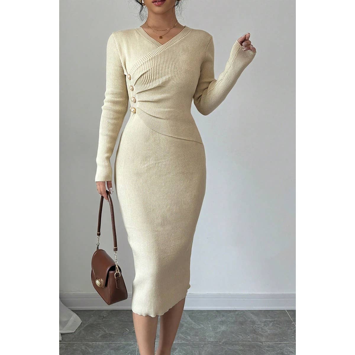 Solid Cross Wrap Knit Button Trim Bodycon Sweater - MVTFASHION.COM