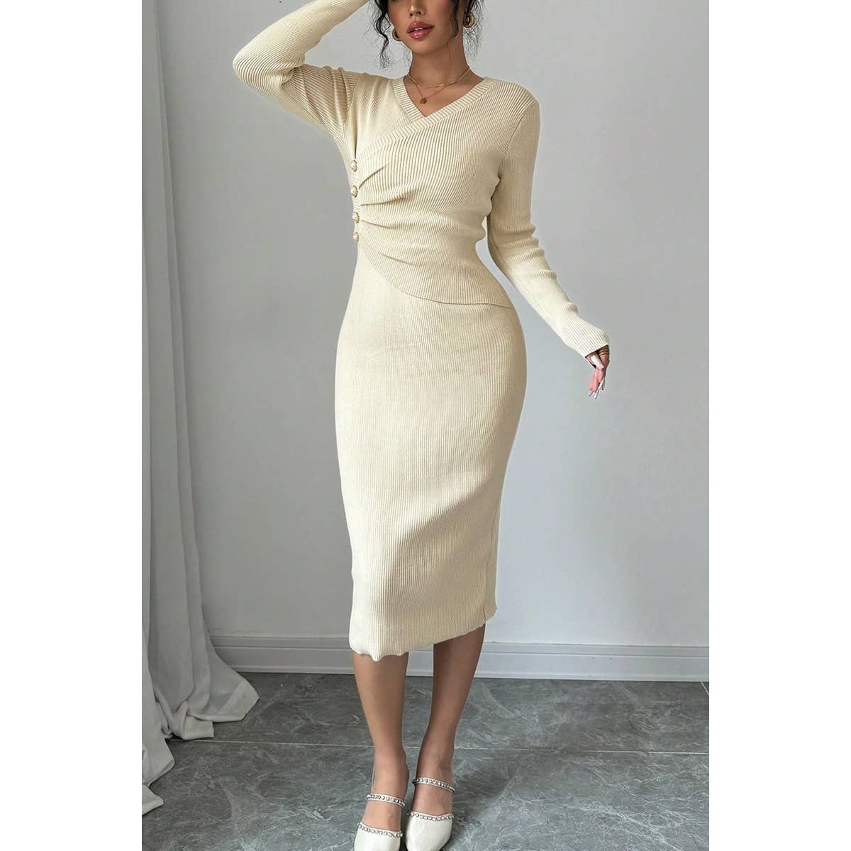 Solid Cross Wrap Knit Button Trim Bodycon Sweater - MVTFASHION.COM