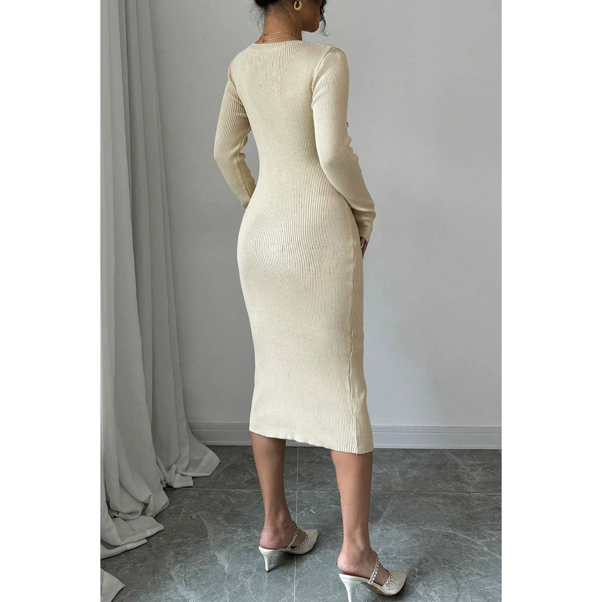 Solid Cross Wrap Knit Button Trim Bodycon Sweater - MVTFASHION.COM