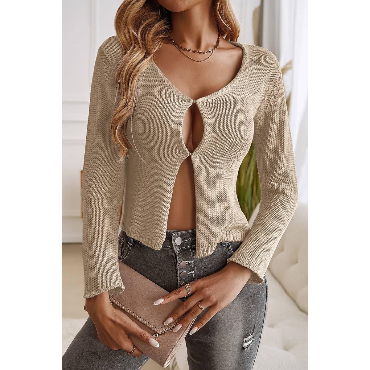 Solid Cut Out Knit Long Sleeve Cropped Cardigan - MVTFASHION.COM