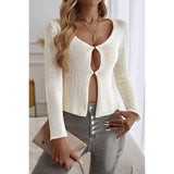 Solid Cut Out Knit Long Sleeve Cropped Cardigan - MVTFASHION.COM