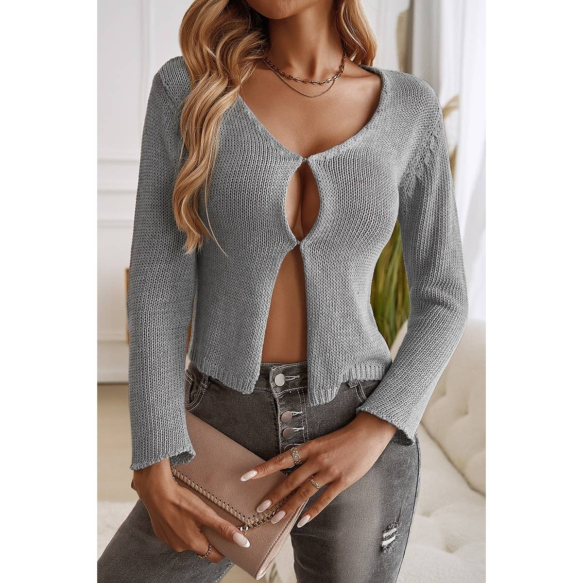 Solid Cut Out Knit Long Sleeve Cropped Cardigan - MVTFASHION.COM