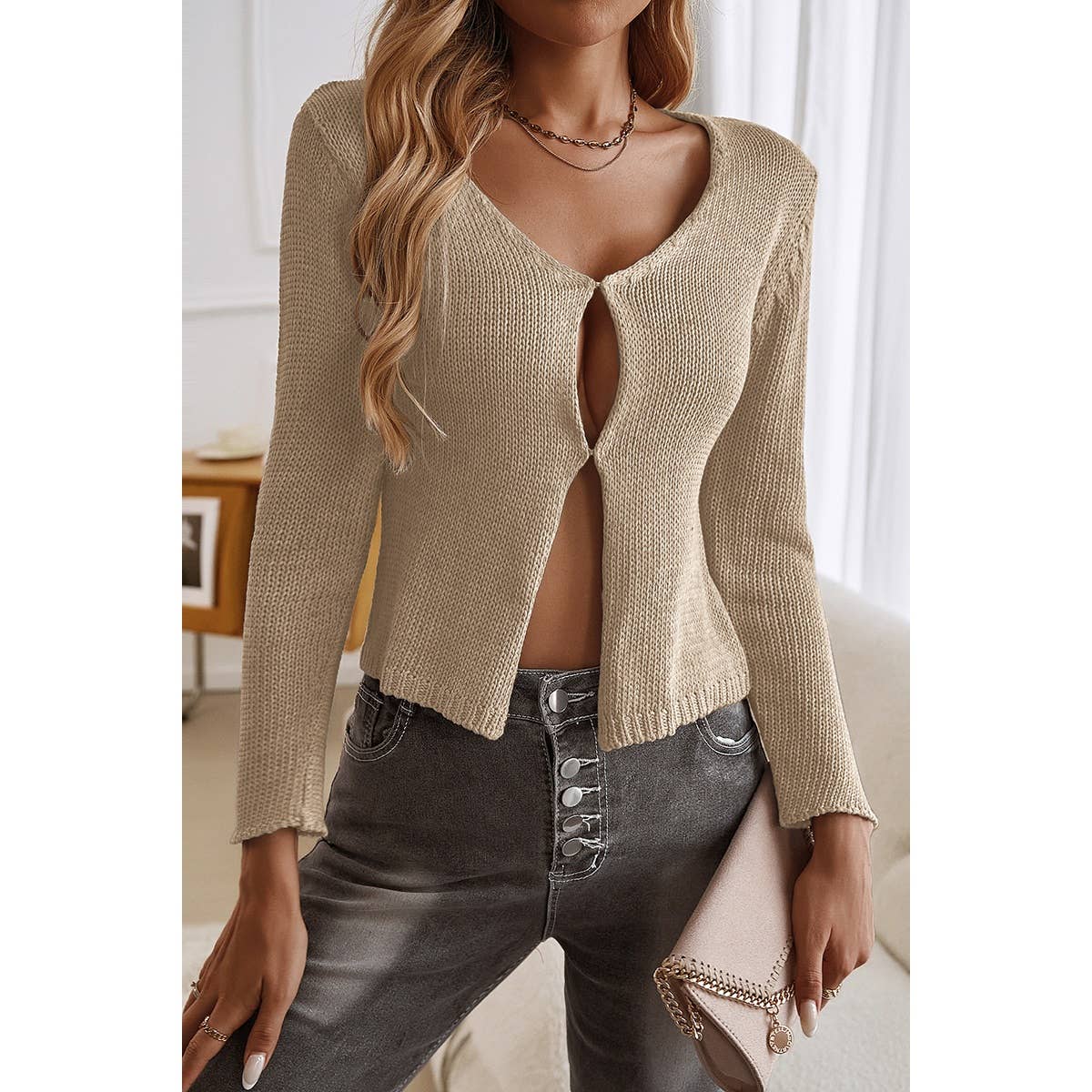 Solid Cut Out Knit Long Sleeve Cropped Cardigan - MVTFASHION.COM