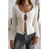 Solid Cut Out Knit Long Sleeve Cropped Cardigan - MVTFASHION.COM