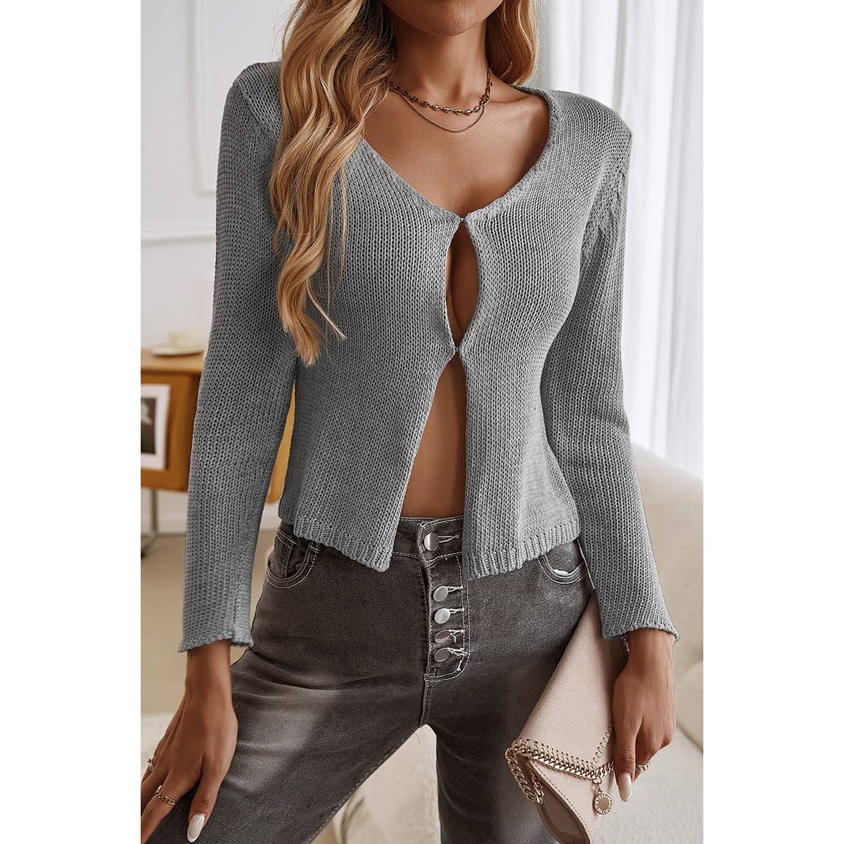 Solid Cut Out Knit Long Sleeve Cropped Cardigan - MVTFASHION.COM