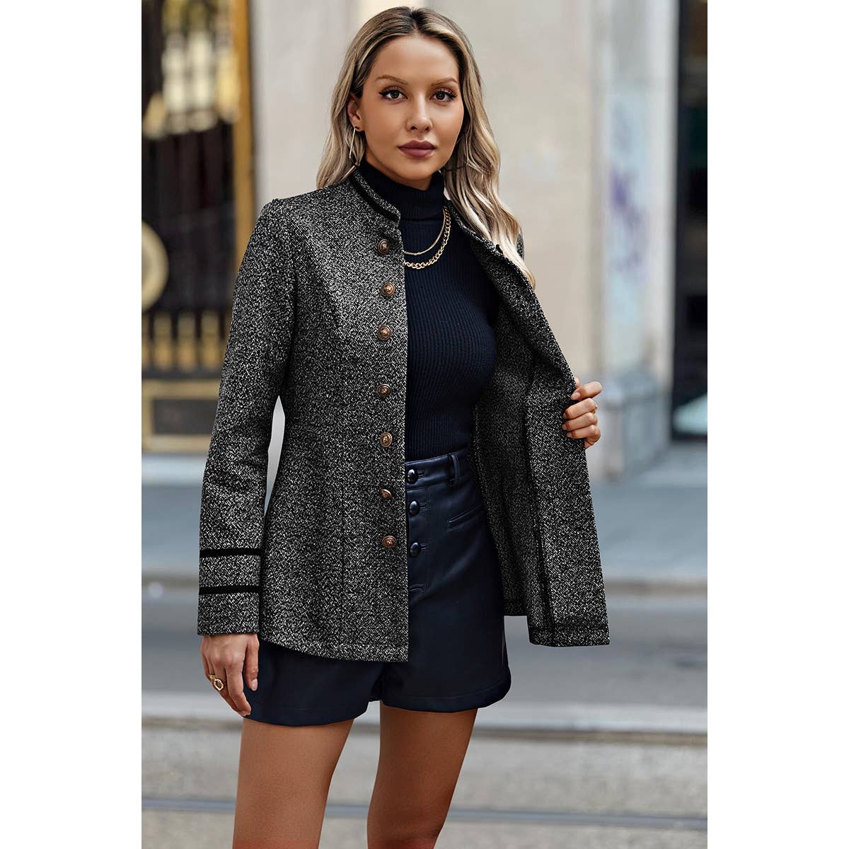 Solid Decorative Button Stand Collar Jacket - MVTFASHION.COM