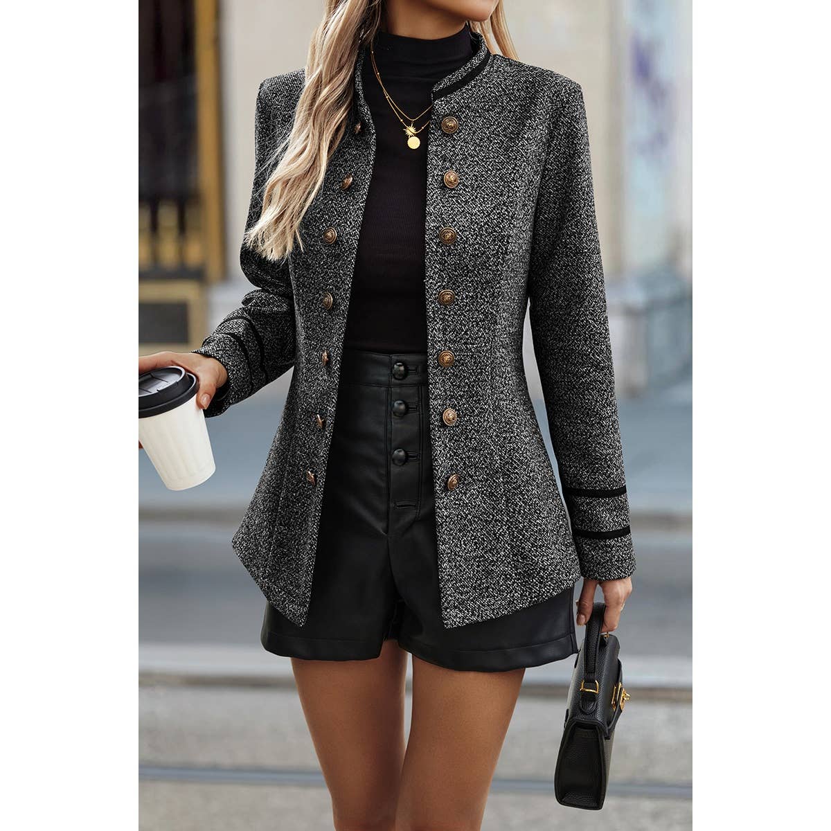 Solid Decorative Button Stand Collar Jacket - MVTFASHION.COM